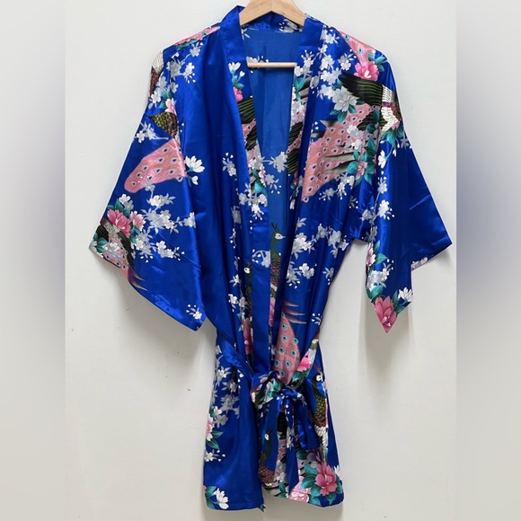 Other - Women's Home Wear Polyester Bright Blue Mini Robe Peacocks Pink Flowers Size S